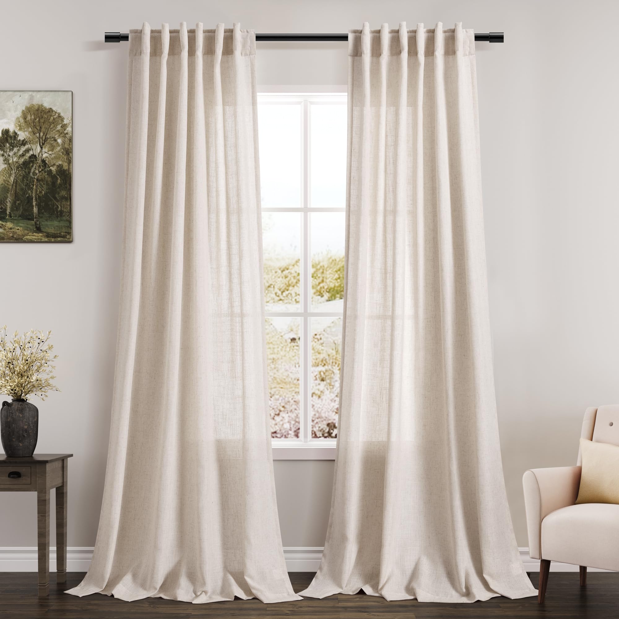 Beige Linen Curtains 84 Inch Length 2 Panels Back Tab Rod Pocket Semi Sheer Bedroom Curtains Light Filtering Country Closet Curtain Drapes Netural Farmhouse Window Panels for Living Dining Room 42x84