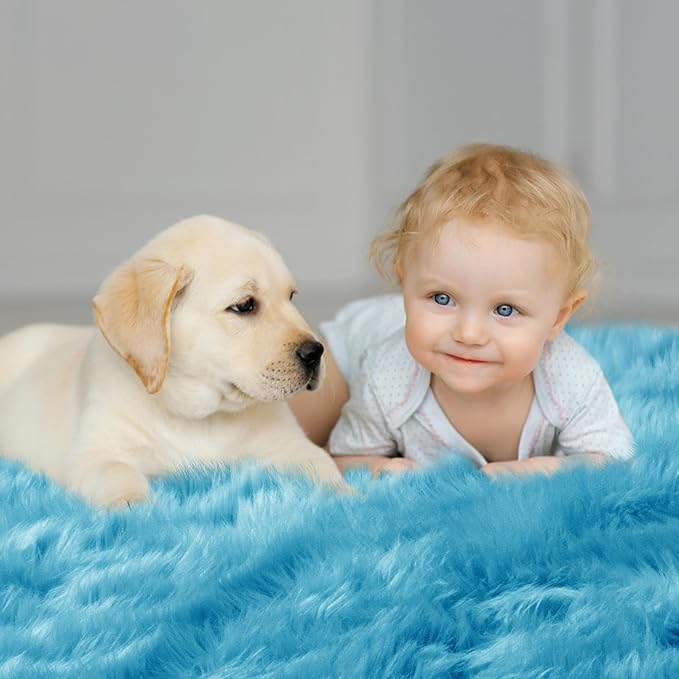 Tangsoo 2x6 Sky Blue Faux Fur Rug,Soft Sheepskin Runner Rug for Bedroom