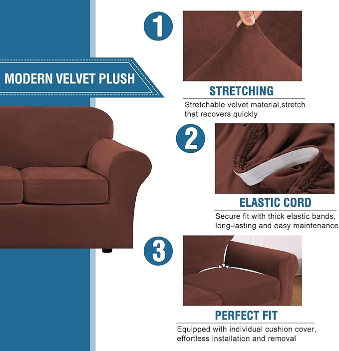 H.VERSAILTEX Modern Velvet Plush 4 Piece High Stretch Sofa Slipcover Sofa Cover Furniture Protector Form Fit Thick Velvet Sofa Cover for 3 Cushion Couch Width Up to 90 Inch (Sofa, Burnt Brick)