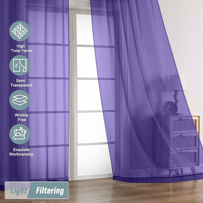 Ebesto Purple Sheer Curtains for Window 72 inches Long 2 Panels Set, Soft Airy Modern Light Filtering Sheer Curtains for Living Room Bedroom, Dual Rod Pocket Solid Window Drapes, 2x42Wx72L inches