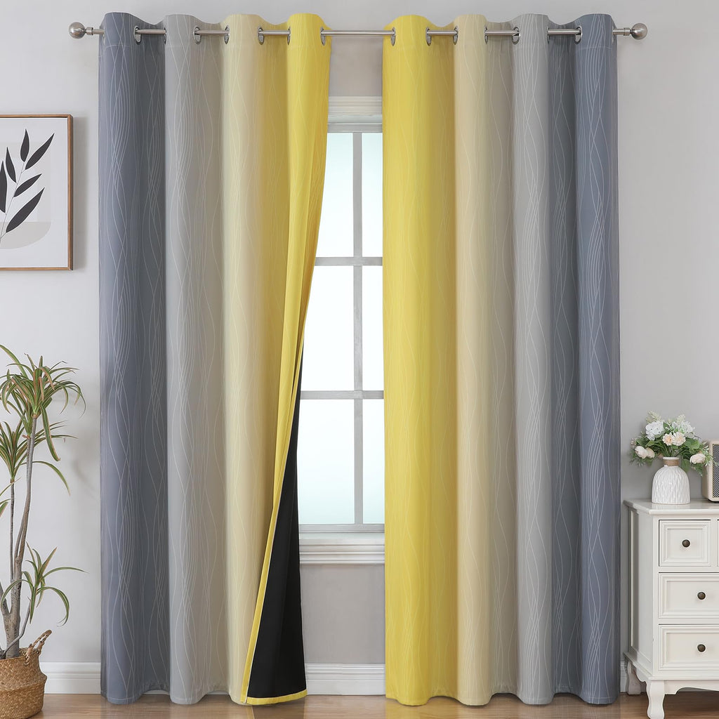 Yellow and Grey Ombre Blackout Curtains for Living Room 52Wx90L Inch Length