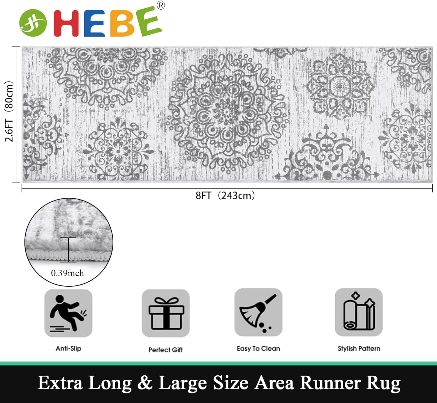 HEBE Hallway Runner Rug 2'x6', Washable Non Slip Kitchen Rug Runner