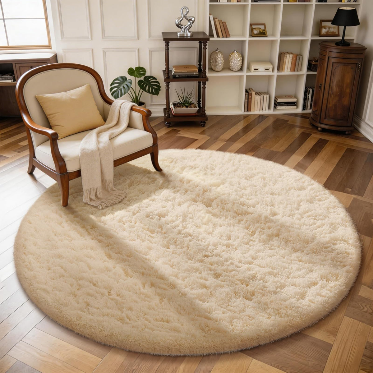 Ophanie Round Rug 4Ft White Circle Area Rug, Aesthetic Room Decor, Fluffy Fuzzy Bedroom Carpet, Plush Soft Shaggy Living Room Rugs for Kids Home, Nursery with 99 pcs Pile fibers