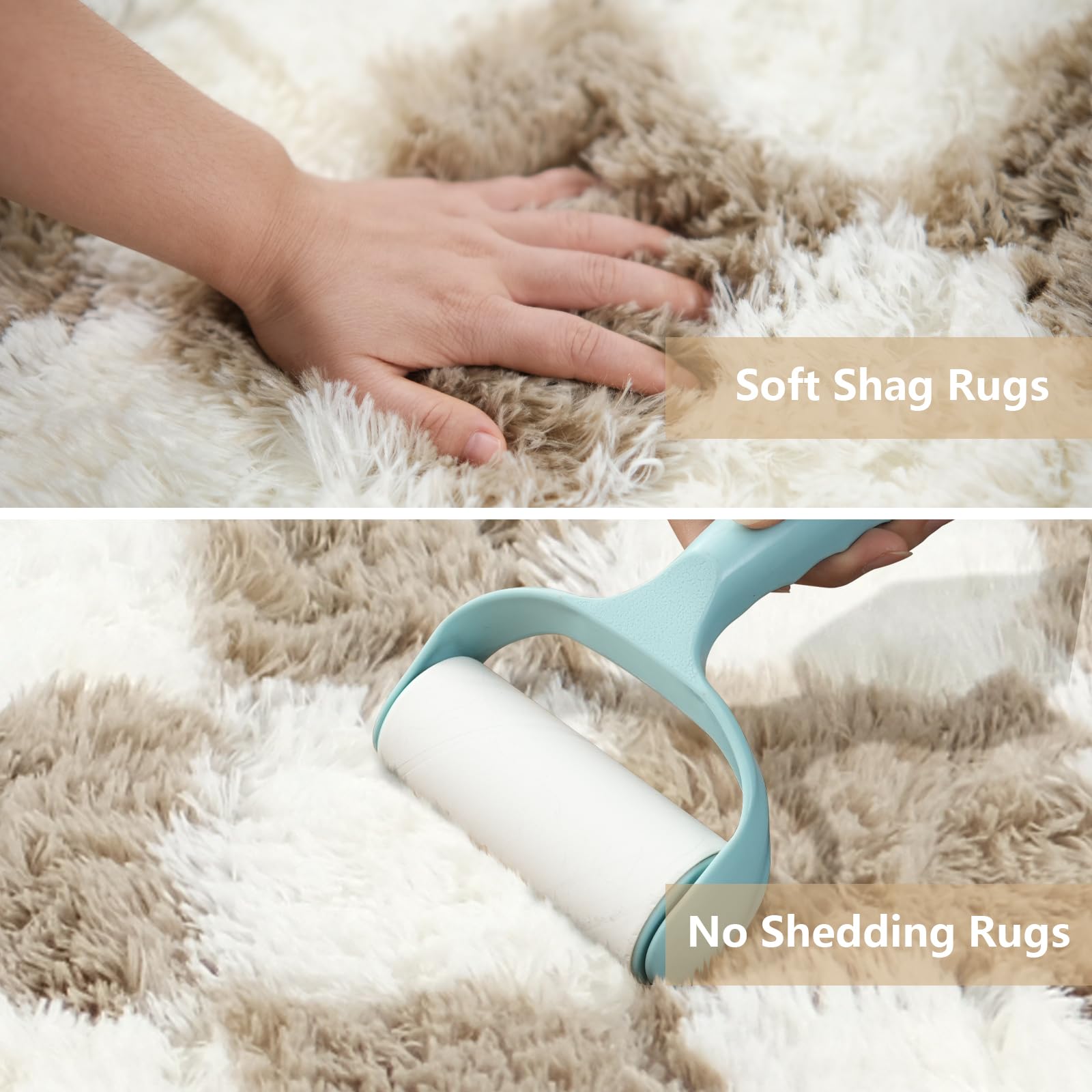 Checkered Area Rugs for Living Room 6x9, Fluffy Beige and White Checkered Rug Fuzzy Shag Shaggy Carpets for Bedroom, Soft Plush Furry Rug for Teen Room Dorm Home Decor