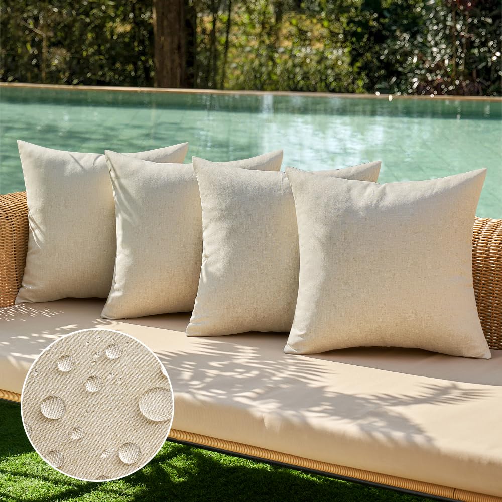 MIULEE Pack of 4 Decorative Outdoor Throw Pillow Covers Linen Waterproof Pillow Covers Summer Farmhouse Cushion Cases for Patio Garden Tent Balcony Couch Sofa 16x16 Inch Beige