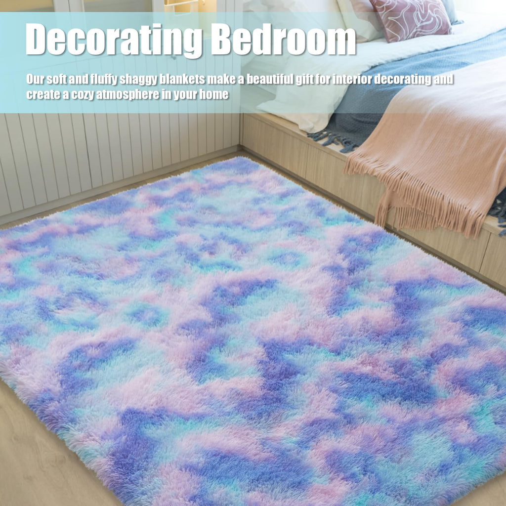 3x5 Area Rug for Bedroom, Rainbow Purple Fluffy Shag Rug Plush Carpet