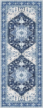 Yamaziot Washable Runner Rug, 2x5 Non-Slip Boho Vintage Hallway Rug Runner with Rubber Backing, Stain Resistant & Low Pile Faux Wool Distressed Carpet Runner for Kitchen, Laundry, Entrance, Blue