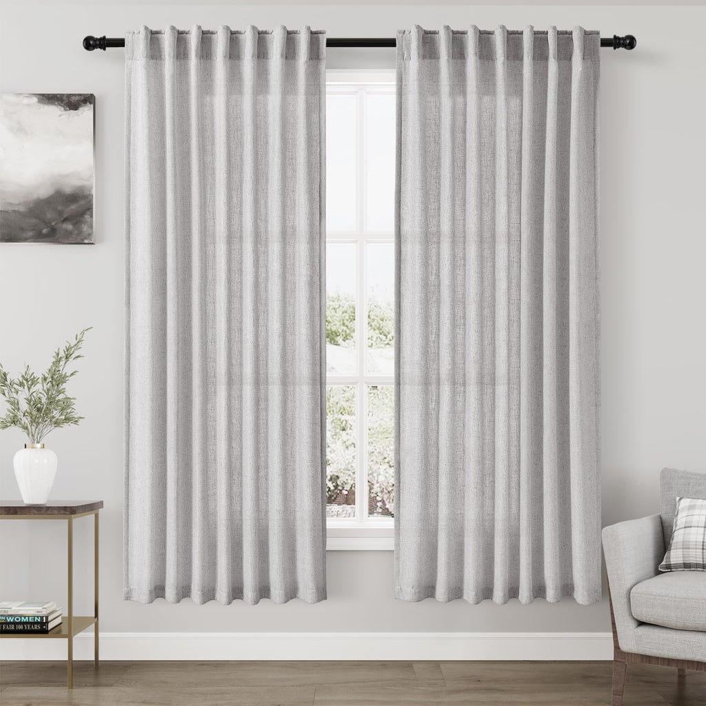 Nanspring Grey Linen Semi Sheer Curtains 72 Inches Long 2 Panels Set for Bedroom Back Tab Rod Pocket Light Filtering Drapes Cotton Textured Grey Farmhouse Living Room Curtain 52X72 Inches