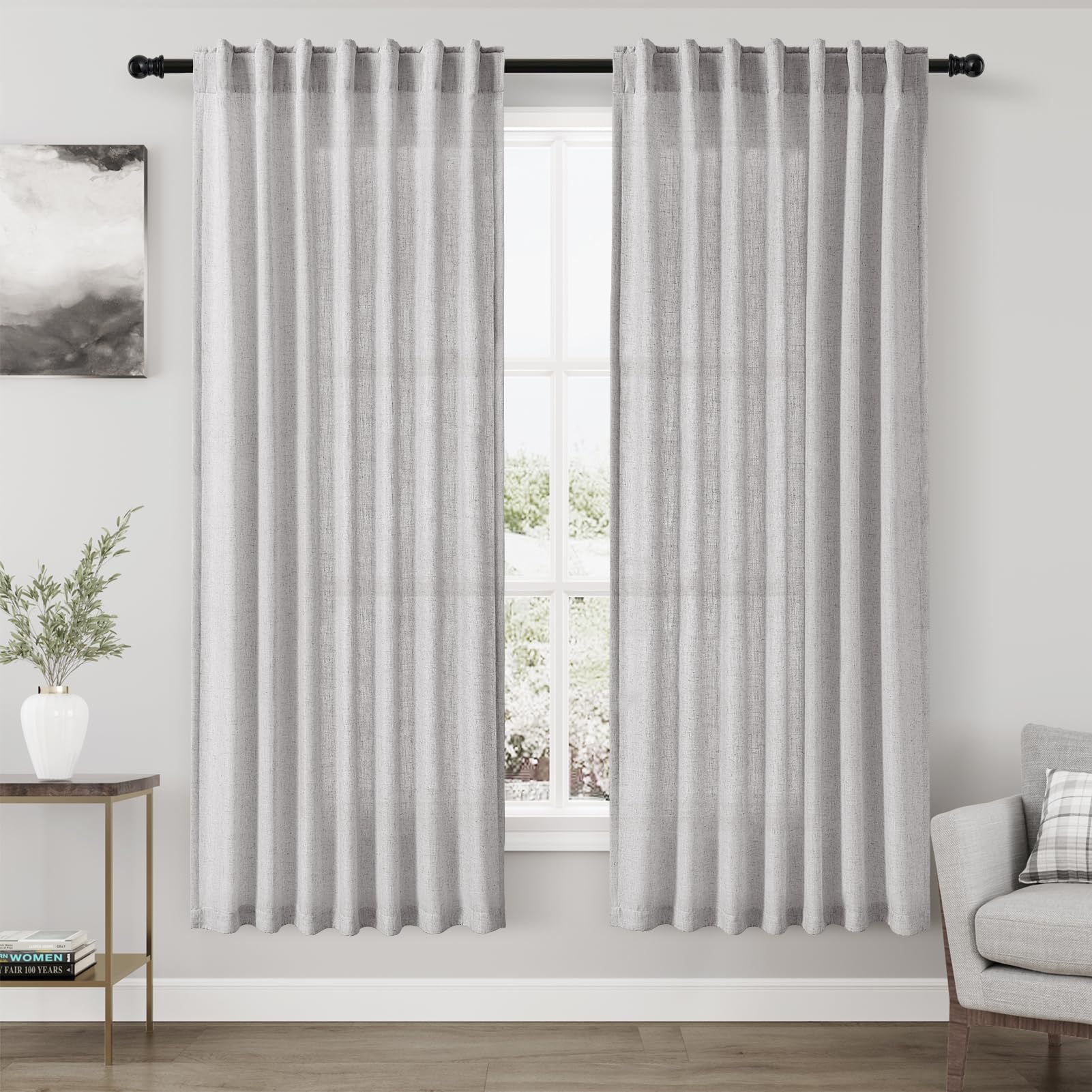 Nanspring Grey Linen Semi Sheer Curtains 72 Inches Long 2 Panels Set for Bedroom Back Tab Rod Pocket Light Filtering Drapes Cotton Textured Grey Farmhouse Living Room Curtain 52X72 Inches