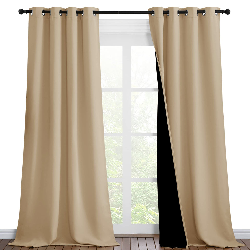 NICETOWN Living Room Completely Shaded Draperies, Privacy Protection & Noise Reducing Black Lined Insulated Window Treatment Curtain Panels for Patio Door (Set of 2 Pcs, W46 x L90, Biscotti Beige)
