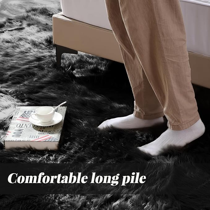 ORINOVA Black Fuzzy Washable Shaggy Area Rugs for Bedroom Small Circle Faux Sheepskin Shag Fur Round Rug 3ft Nursery Rug