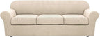 4 Piece Stretch Sofa Covers for 3 Cushion Couch Covers Furniture Slipcovers for Living Room (1 Base Cover Plus 3 Seat Cushion Covers) Thicker Jacquard Fabric Cover (XL Sofa, Natural)