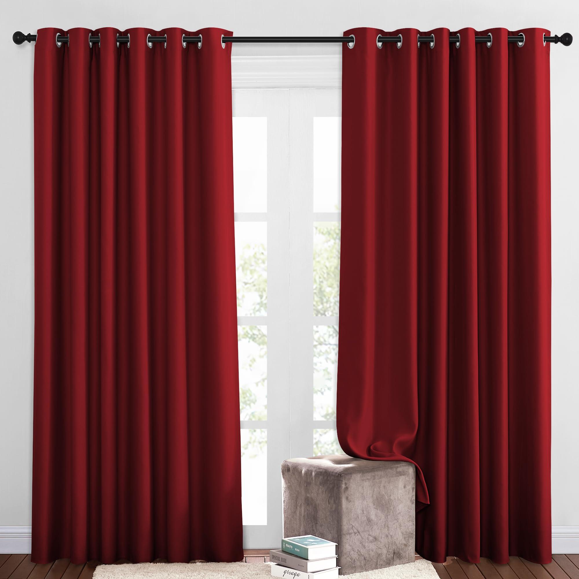 NICETOWN Blackout Patio Curtains for Windows 84 inch Length - Solid Thermal Insulated Grommet Light Reducing Panels Window Treatment for Living Room (Burgundy Red, 2 Panels = 160" Wide)