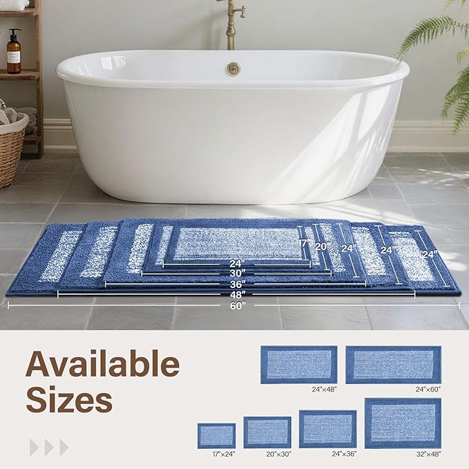 70x24 Long Bathroom Rugs Washable Non Slip, Blue Bath Mat for Bathroom Floor Tub, Soft Absorbent Quick Dry Mats for Shower, Bathtub,Home Decor