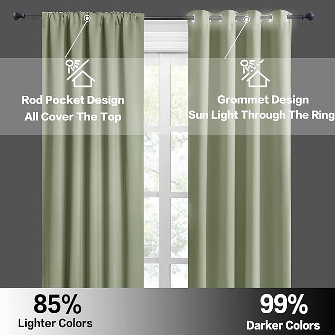 RYB HOME Short Blackout Curtains for Bedroom, Room Darkening Insulated Summer Heat Light UV Blocking Energy Saving Drapes for Nursery, Width 34 by Length 48, Sage Green, Set of 2