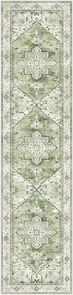 Yamaziot Washable Runner Rug, 2x8 Non-Slip Boho Vintage Hallway Rug Runner with Rubber Backing, Stain Resistant & Low Pile Faux Wool Distressed Carpet Runner for Kitchen, Laundry, Entrance, Sage Green