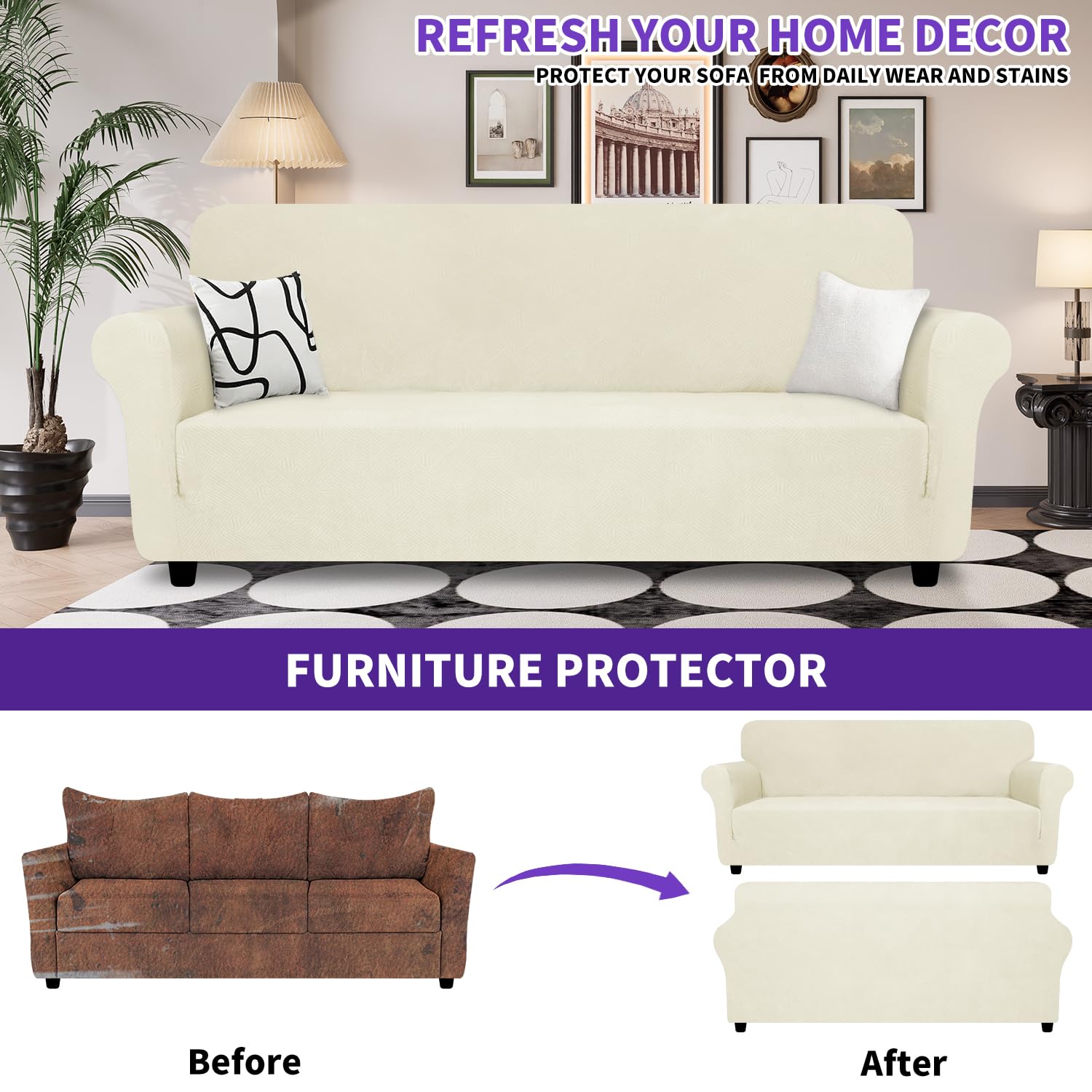 ZNSAYOTX Oversized Super Stretch Couch Cover (92"-115"), New Striped Sofa Covers Comfortable & Durable, Dog Cat Pets Friendly Extra Large Spandex Sofa Slipcovers (Beige, XL Sofa)