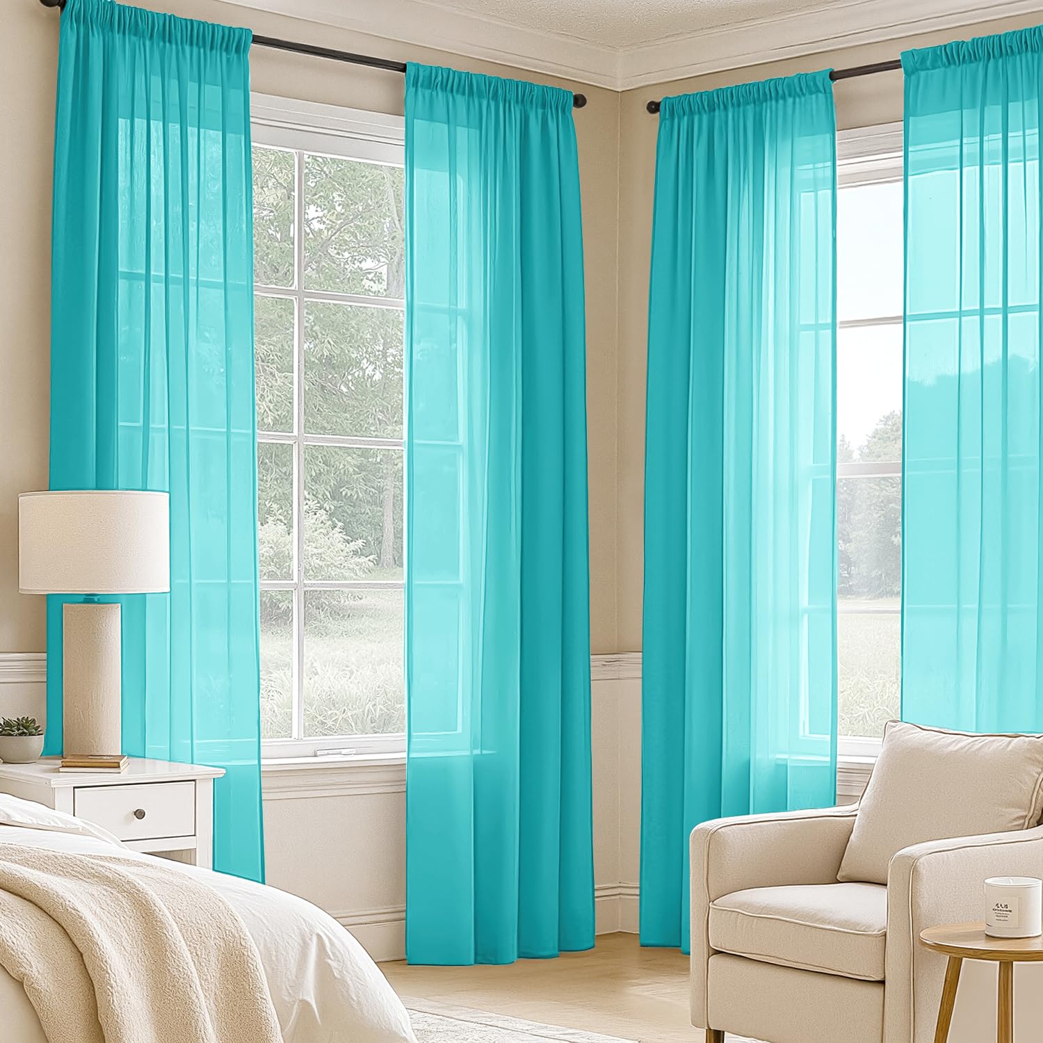 MIULEE Turquoise Sheer Curtains 96 Inches Long 4 Panels 42 x 96 Inches