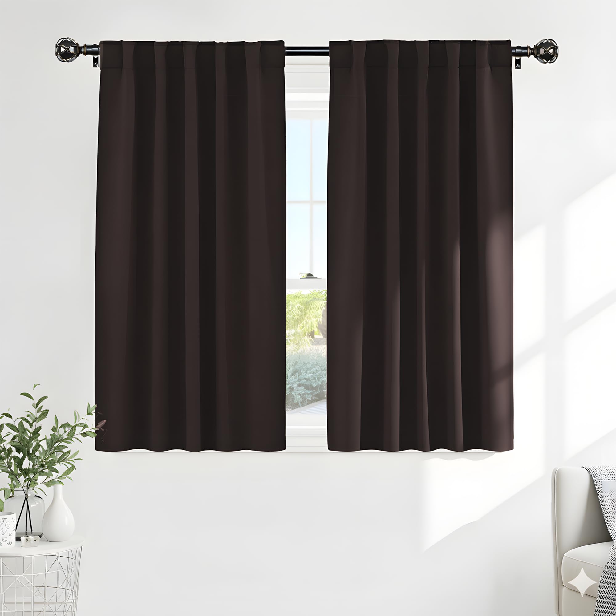 PONY DANCE Blackout Curtains Short - Bedroom Window Draperies Energy Efficient Thermal Insulated Back Tab/Rod Pocket Curtain Panels/Window Treatments for Kitchen, 42 W x 45 L, Brown, 2 Pieces