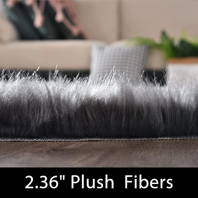 Latepis Dark Grey Round Rugs 5ft Faux Sheepskin Fur Rug for Bedroom Plush Fluffy Rug for Living Room Dorm Entertainment Room Luxury Home Decor