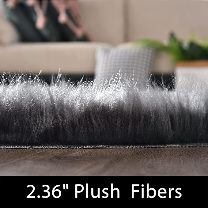 Latepis Dark Grey Fur 3x5 Area Shaggy Bedside Faux Sheepskin Rug for Bedroom Washable Furry Rugs Fuzzy Rug for Living Room Sofa Cushion Luxury Home Decor