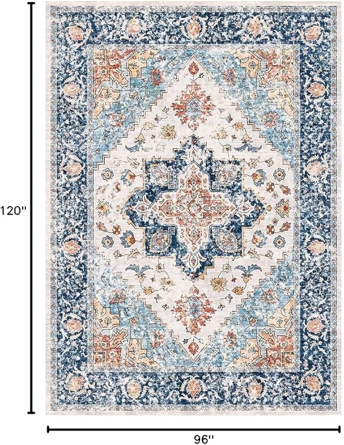 SERISSA 8x10 Washable Non Slip Boho Area Rug for Living Room，Blue Orange