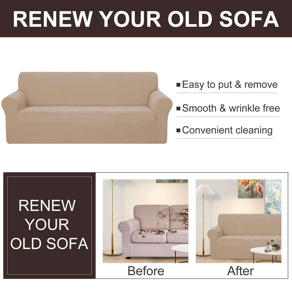 U-NICE HOME Stretch Couch Cover Sofa Covers for 3 Cushion Couch Slipcover with Elastic Bottom Furniture Protector for Dogs, Spandex Jacquard Soft Fabric (Large, Camel)