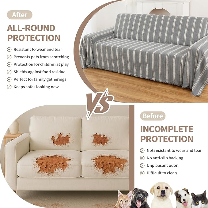 KaviKon Couch Cover for Dogs, Boho Sofa Covers for 3 Cushion Couch, Chenille Sofa Slipcover for Pets Washable, L-Shape Sectional Loveseat Cover Soft Throw Blankets with Tassels(71x134,Striped Grey)