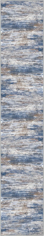 KOZYFLY Modern Abstract Washable Rug Runner 2.6x14 Hallway Rug Runner Non-Slip Soft Kitchen Runner Rugs, Blue Rust Striped Carpet for Entryway Bathroom Laundry Room Foyer