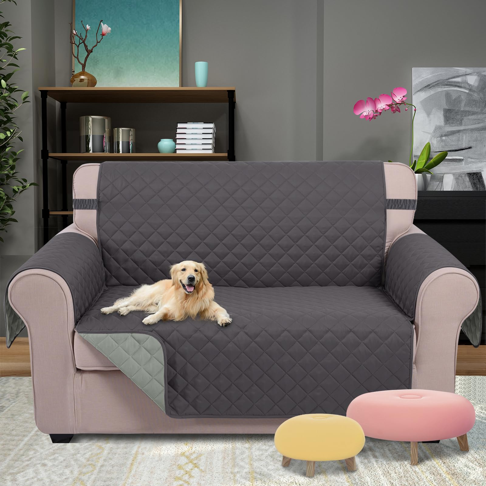 U-NICE HOME Loveseat Sofa Cover for 2 Cushion Couch, Dark Grey/Light Grey