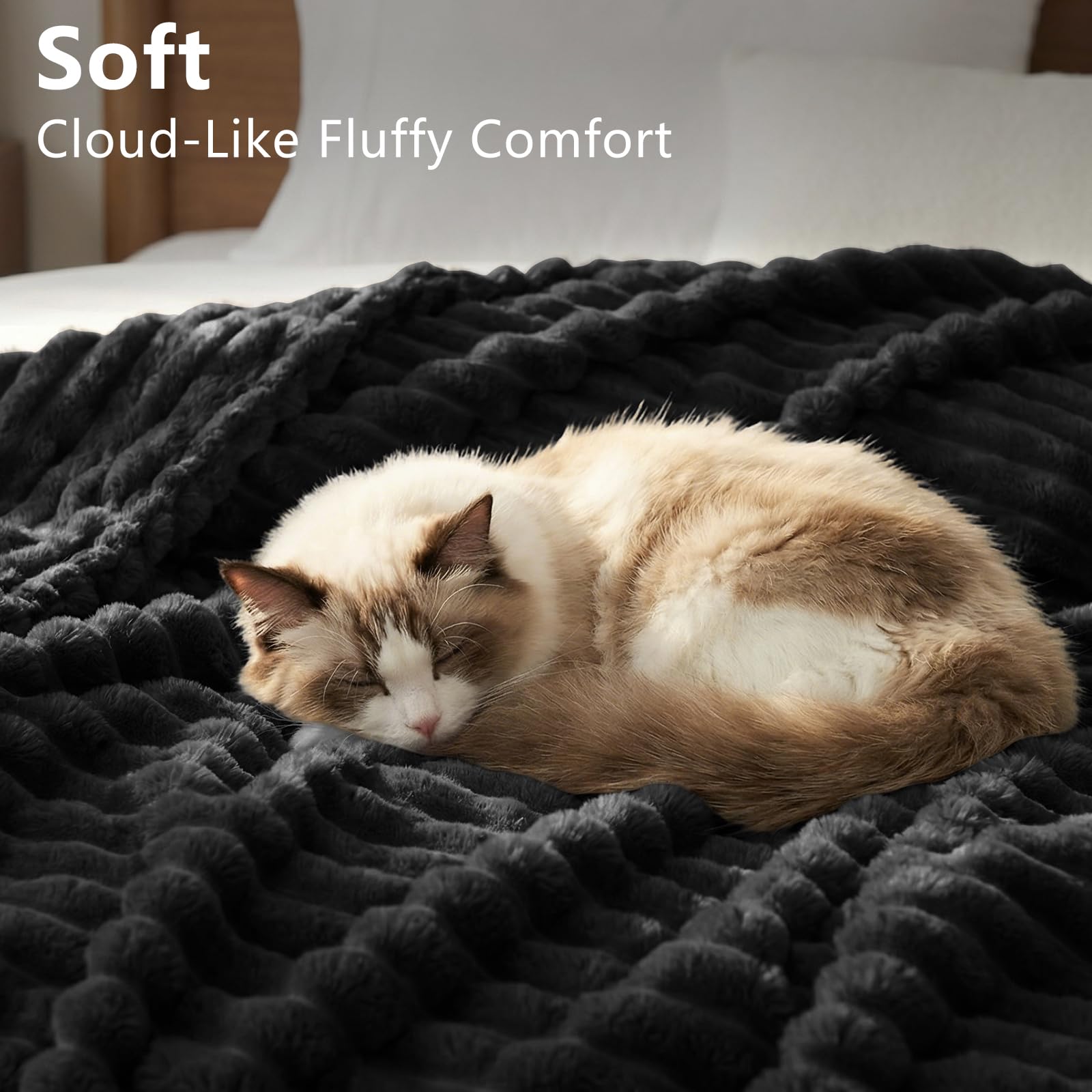 HIMEET Black King Size Blanket for Bed, 300GSM Ribbed Fleece, 108 x 90 in