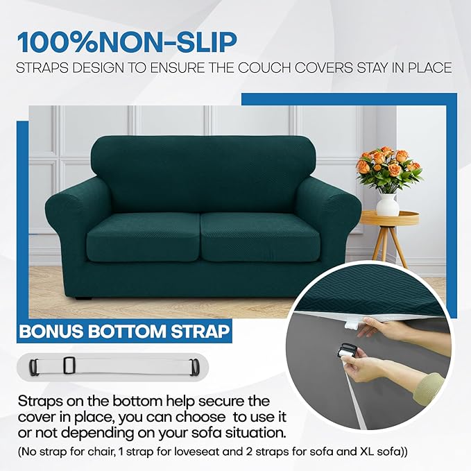 XINEAGE 2026 New 3 Pieces Couch Covers for 2 Cushion Sofa Super Stretch Loveseat Slipcover Pet Dog Universal Slip Cover Anti Slip Love Seat Furniture Protector (Blackish Green, 55"-69")