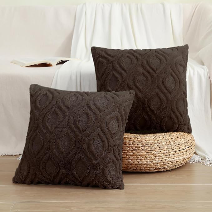 decorUhome Throw Pillow Covers 22x22 Inch Set of 2, Soft Plush Faux Wool Dark Brown Solid Couch Pillow Covers, Accent Euro Sham Farmhouse Neutral Square Pillow Cases for Sofa Bed Living Room