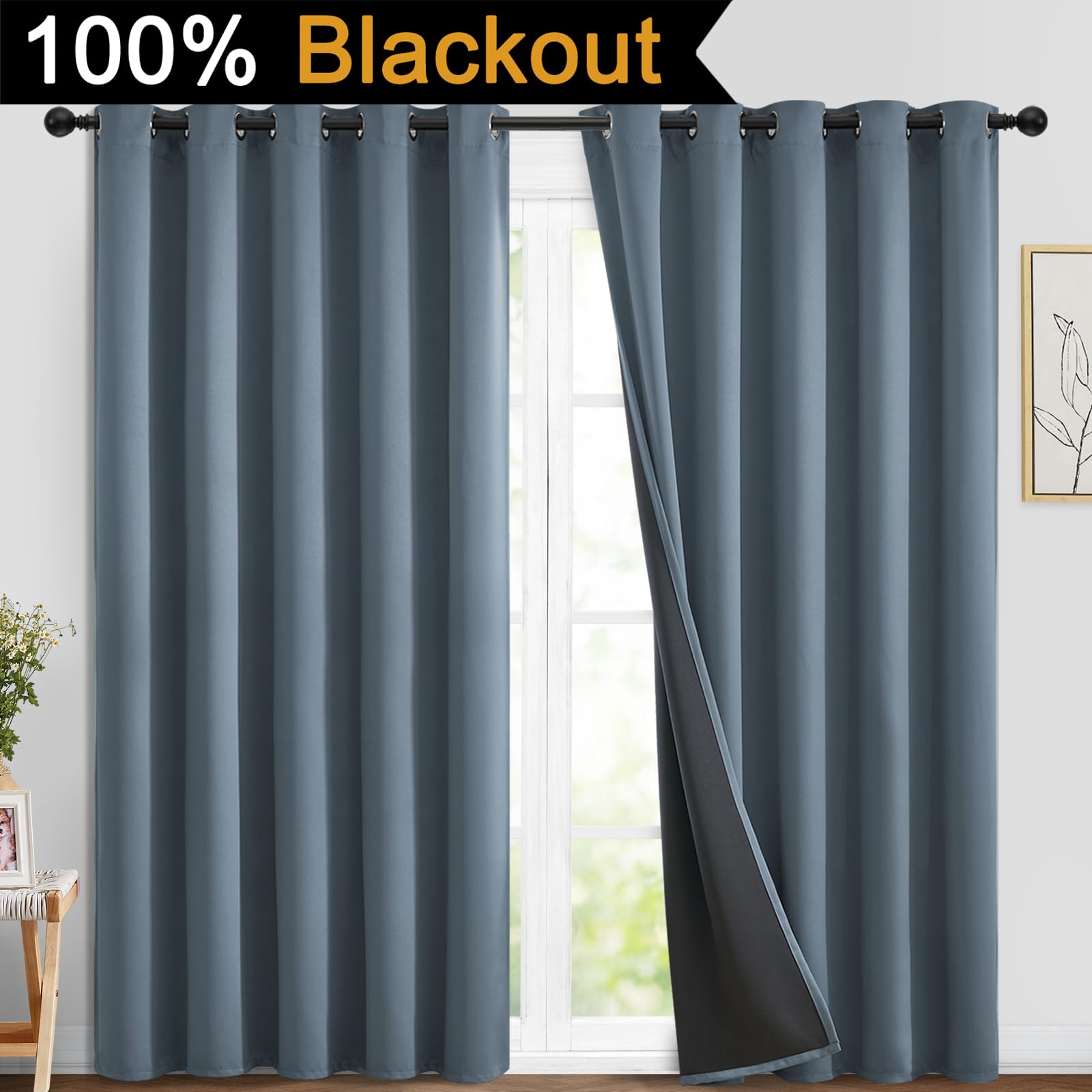 Yakamok Stone Blue 100% Blackout Curtains 84 Inches Long 70" Wide 2 Panel