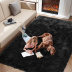 Black Faux Fur Rug for Bedroom 3'x5' Soft Shag Fuzzy Rugs for Living Room, Furry Bedside Nursery Rug Plush Indoor Floor Carpet for Kids Room Teen Dorm