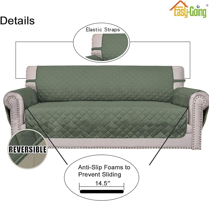 Easy-Going Reversible Couch Cover, 3 Cushion Sofa, Greyish Green/Beige
