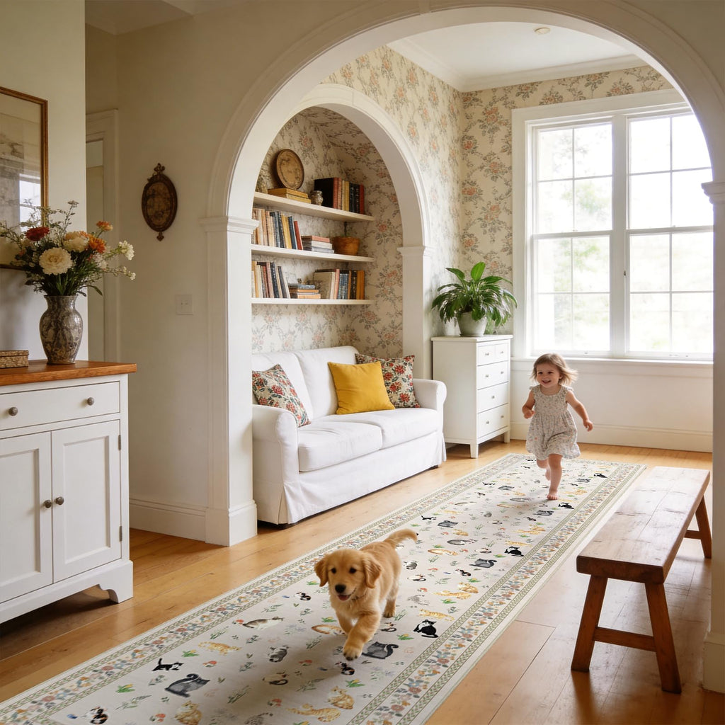 2x12 Washable Hallway Runner Rug: Long Floral Cat Print Soft Rug LightBeige
