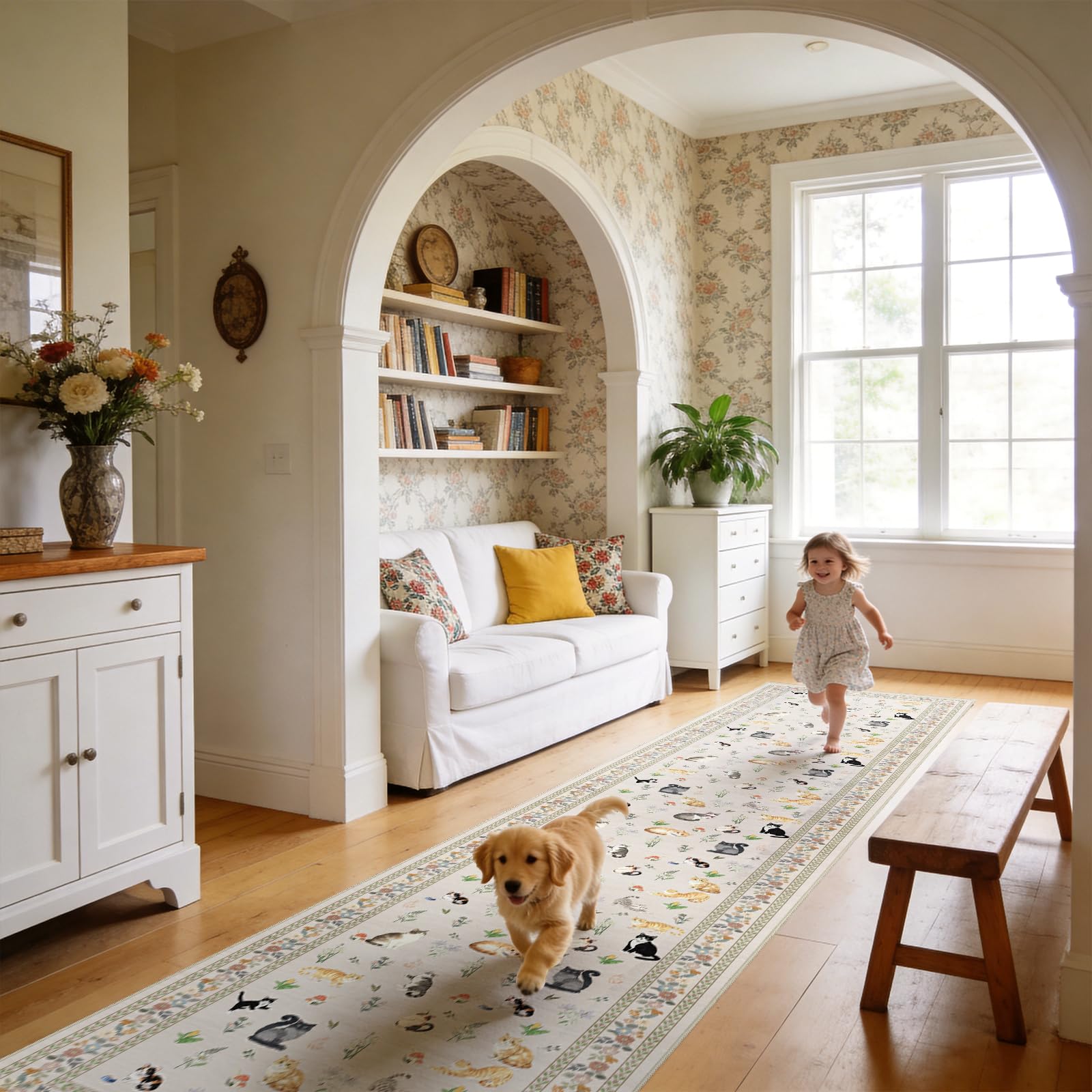 2x12 Washable Hallway Runner Rug: Long Floral Cat Print Soft Rug LightBeige