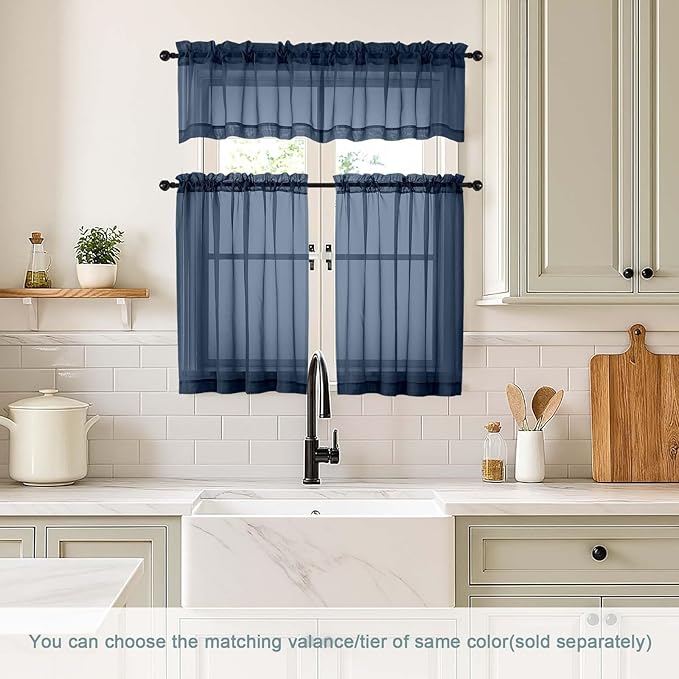 Navy Blue Sheer Curtains Tier 30 Inches Length 2 Panels, Light Filtering Lightweight Soft Window Treatments Drapes, Cute Elegant Cafe Curtains for Nursery, Dual Rod Pocket, 2x42Wx30L Inches