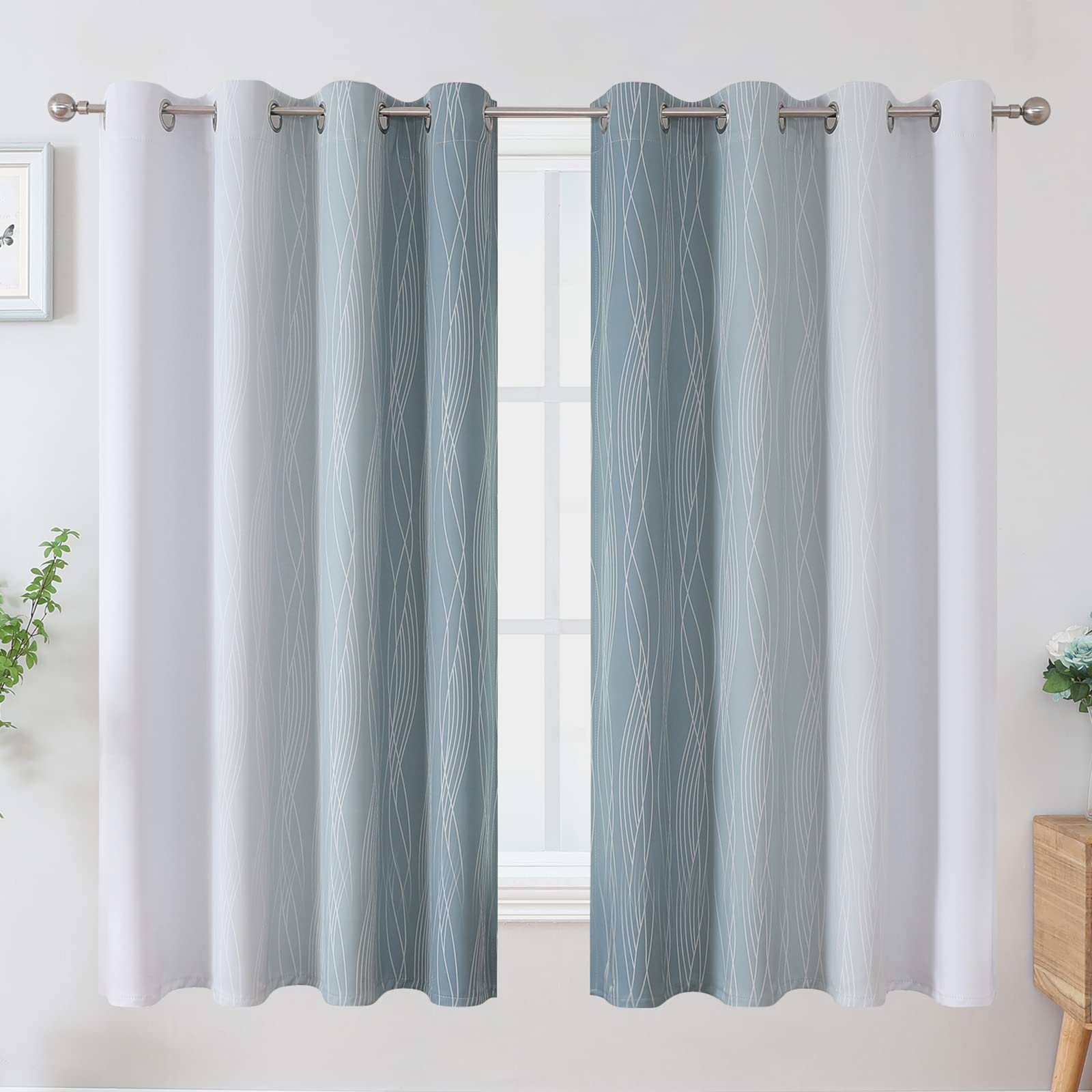 Stone Blue and Greyish White Blackout Curtains for Living Room 63 Inch Long