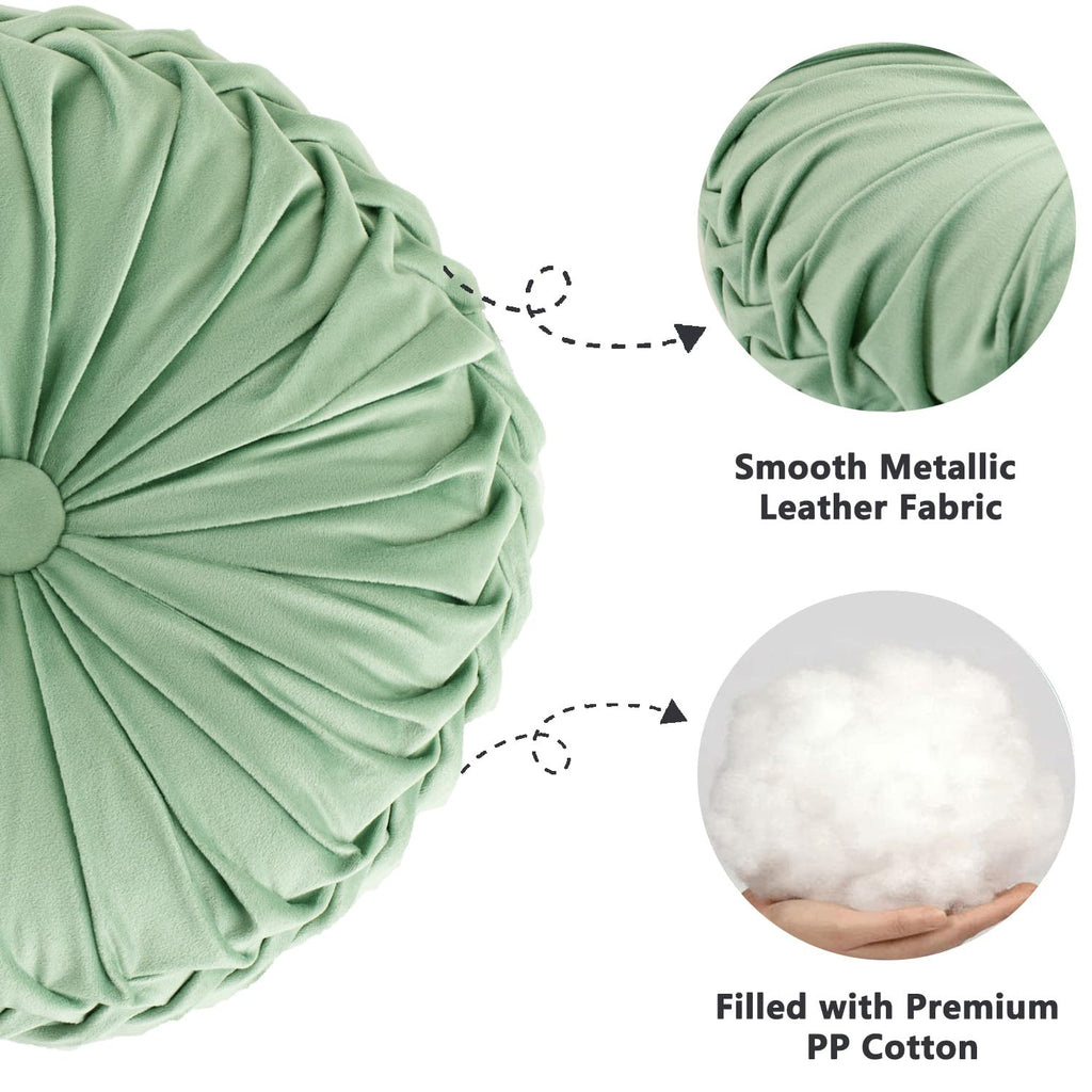 HIG Set of 2 Sage Velvet Decorative Round Pleated Throw Pillows