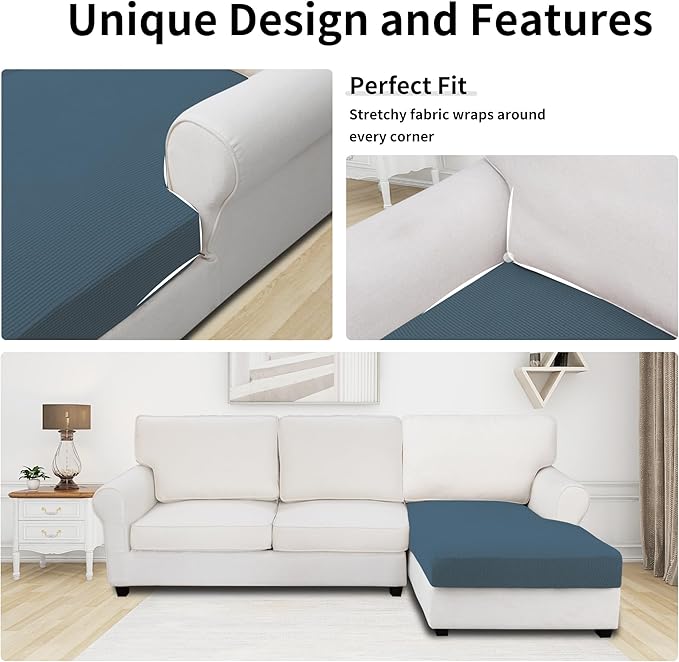 Easy-Going Stretch Sectional Couch Covers 1 Piece Chaise Lounge Slipcover L Shape Separate Cushion Couch Seat Chaise Cover for Both Left/Right Sectional Couch Bluestone