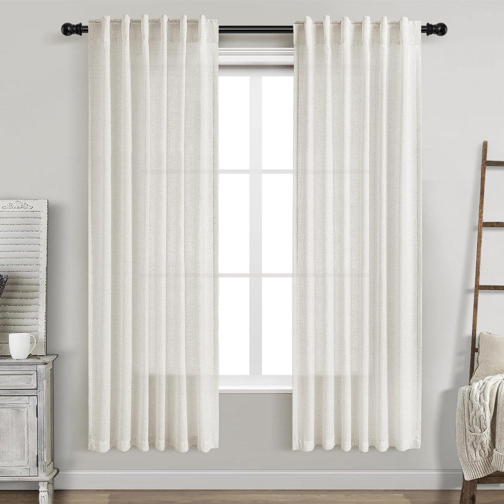 Cream Semi Sheer Linen Curtains 72 Inch Length for Living Room Back Tab Rod Pocket Modern Farmhouse Coastal Decor Cream Cotton Textured Gauze Curtains 72 Inches Long for Dining Room Office 42x72