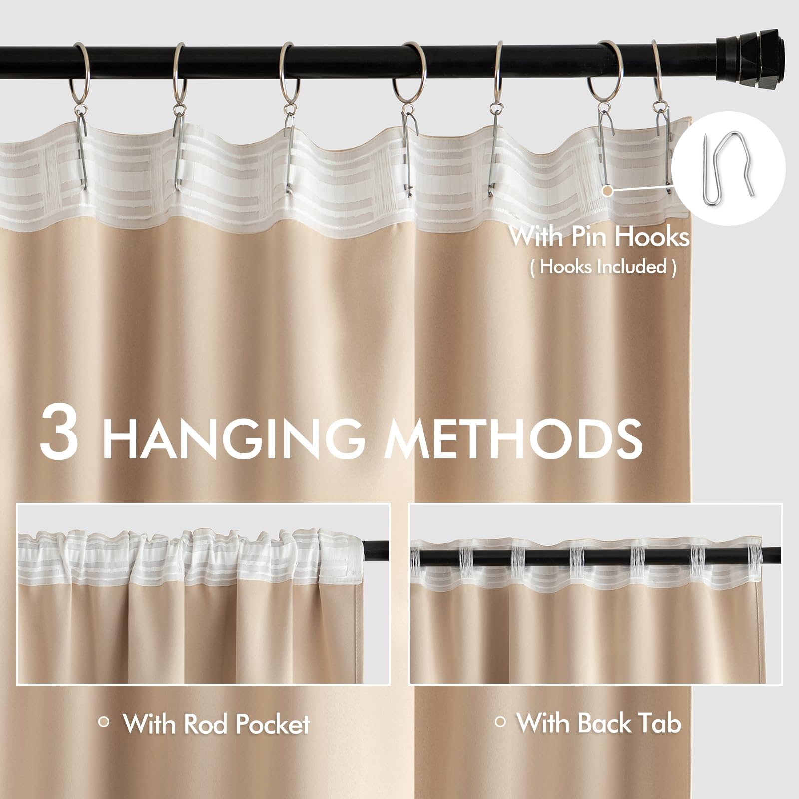 MIULEE Beige Back Tab Blackout Curtains 52x102 Inch Long 2 Panels Set