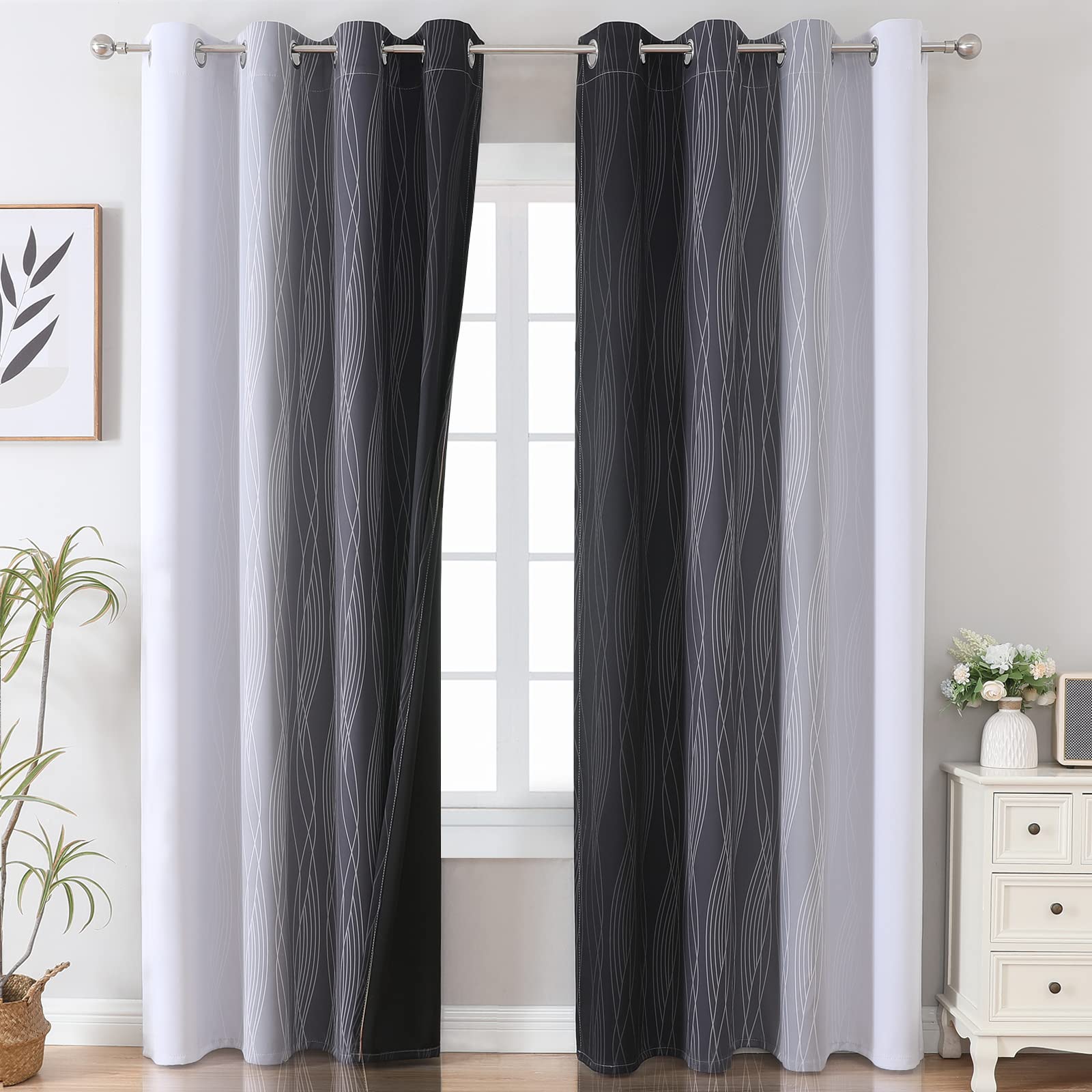 Black and Greyish White Ombre Blackout Curtains for Bedroom 108 Inches Long
