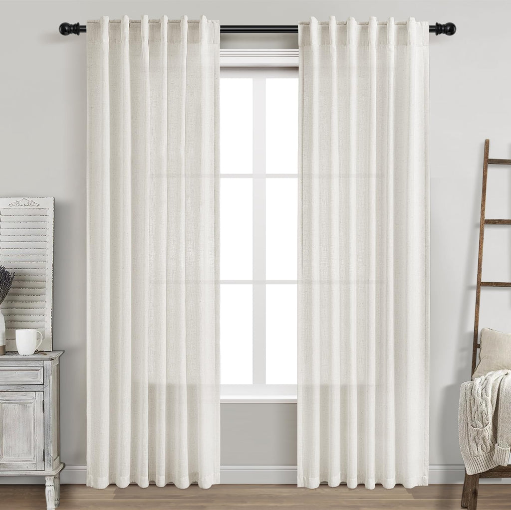 Cream Linen Curtains 84 Inch Length 2 Panels Back Tab Rod Pocket Semi Sheer Bedroom Curtains Light Filtering Country Closet Curtain Drapes Netural Farmhouse Window Panels for Living Dining Room 42x84
