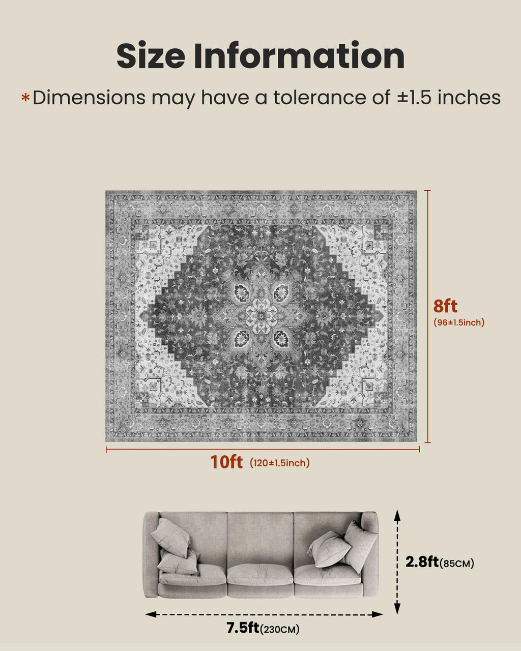 AMADA HOMEFURNISHING 8x10 Area Rugs, Low-Profile Large Washable Area Rug with Non-Slip Backing & Durable Edge Binding, Vintage Rugs for Living Room, Bedroom, Dinning Room