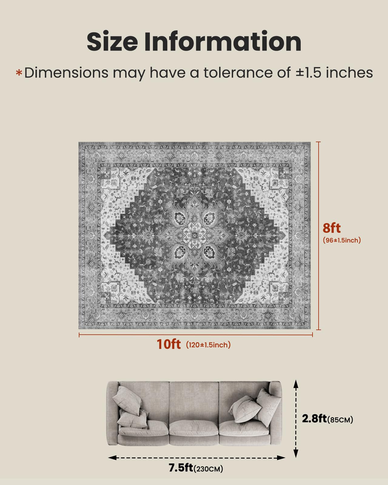 AMADA HOMEFURNISHING 8x10 Area Rugs, Low-Profile Large Washable Area Rug with Non-Slip Backing & Durable Edge Binding, Vintage Rugs for Living Room, Bedroom, Dinning Room
