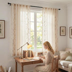 jinchan Evelyn Embroidered Linen Curtains 63 inch Floral Curtains for Living Room Bedroom Farmhouse Cottagecore Semi Sheer Light Filtering Window Drapes Rod Pocket Back Tab 2 Panels W50 x L63 Beige