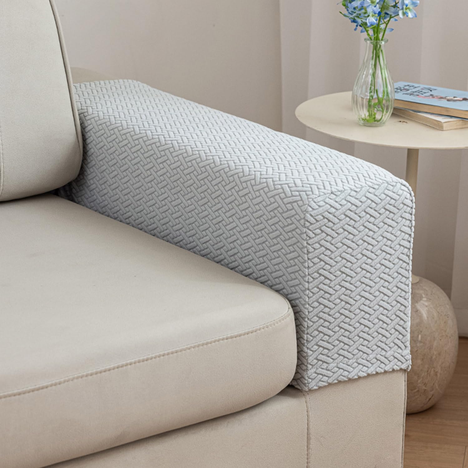 Disayu 2Pcs Couch Arm Covers, Armrest Cover for Sofa, Sofa Arms Covers Washable Arms with Twist Pins Soft,Skin-Friendly for Pets (Texture Light Gray, Armrest Cover)